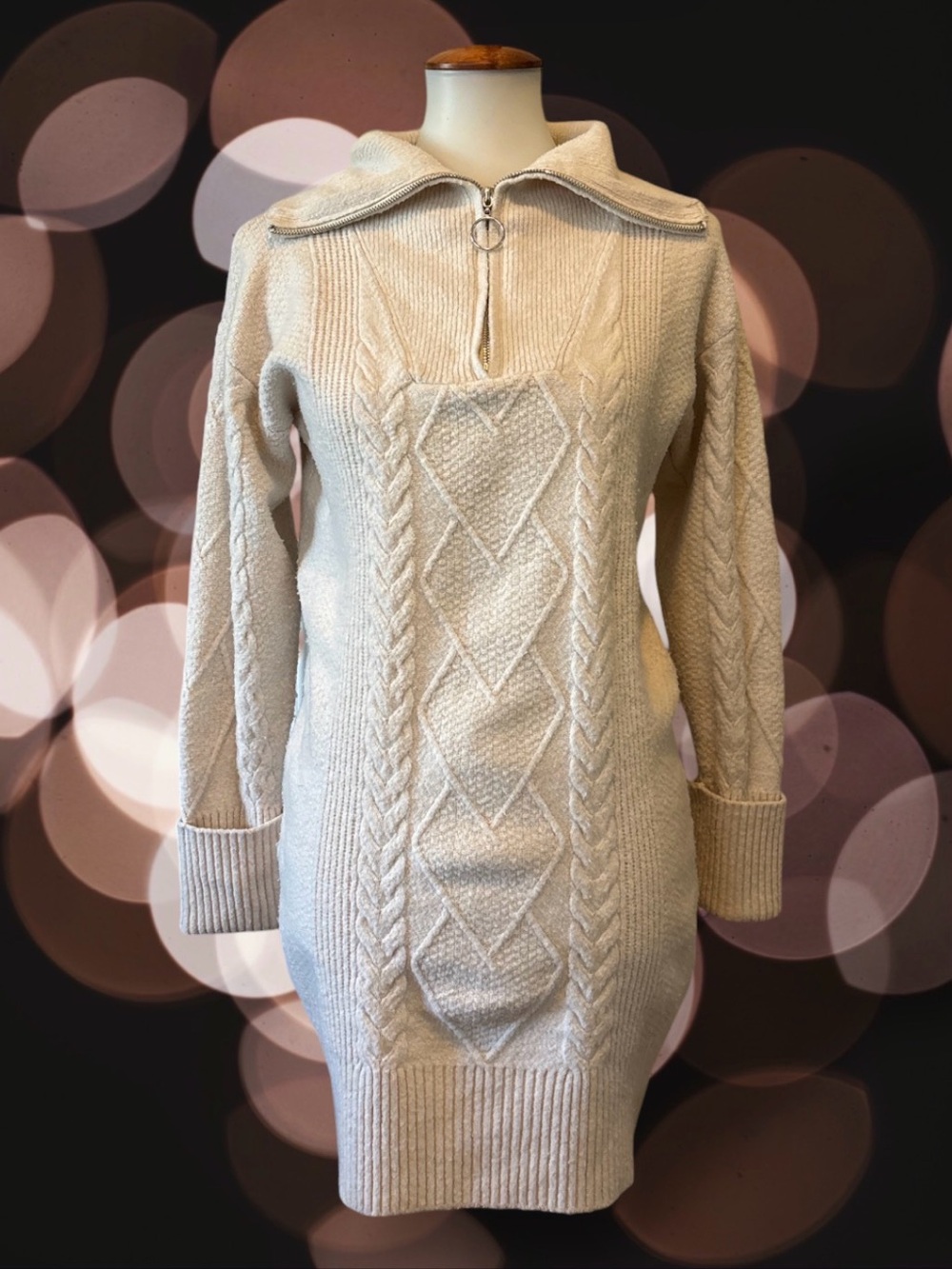 Olive & Oak Cream Cable Knit Half Zip Mock Neck Sweater Dress Small